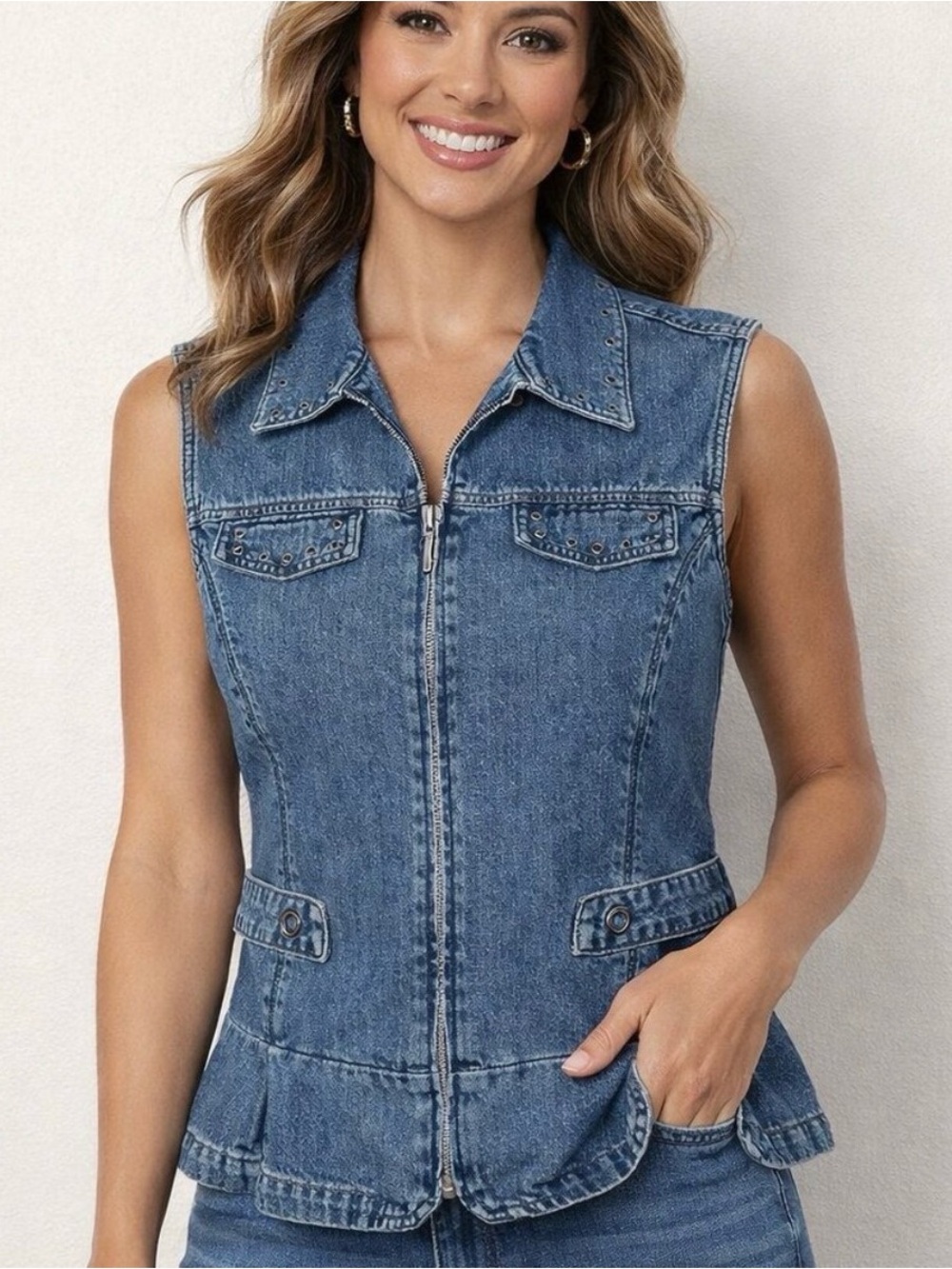 Christopher & Banks Denim Full Zip‎ Vest Size XL Blue Peplum Grommet